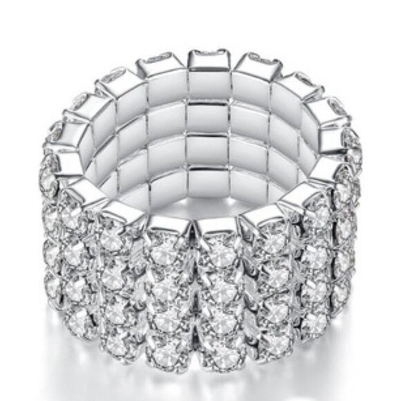 Silver Stretch Ring with Clear Rhinestones – Glamorous Wide Band Bling Jewelry - Picture 3 of 11